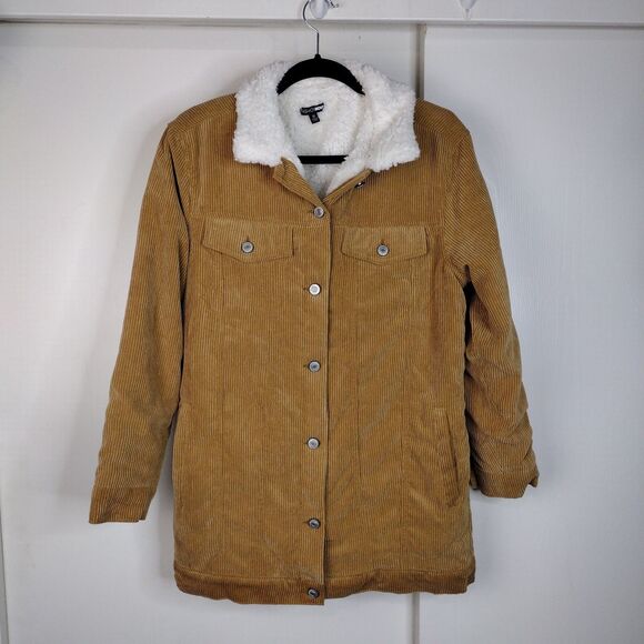 Fashion Nova Button Down Corduroy Long Jacket Women Size M Tan Faux Sherpa Lined - Picture 1 of 9